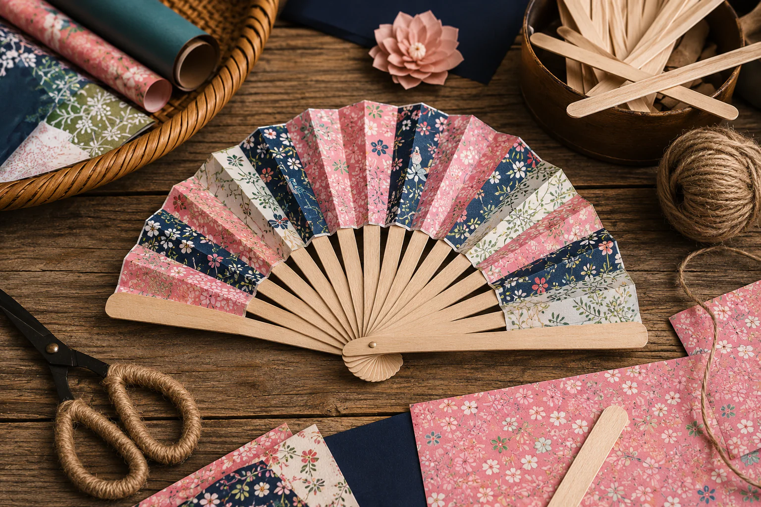 Éventail décoratif fabriqué avec des bâtonnets et du papier à motifs
