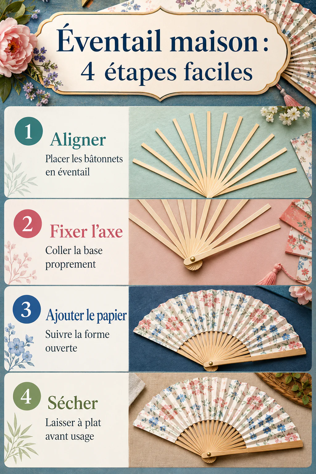 Infographie avec les étapes pour fabriquer un éventail maison