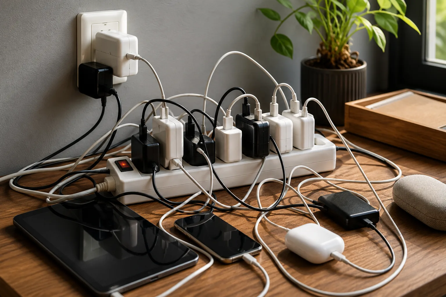 Multiprise avec plusieurs chargeurs sur un bureau avant vérification