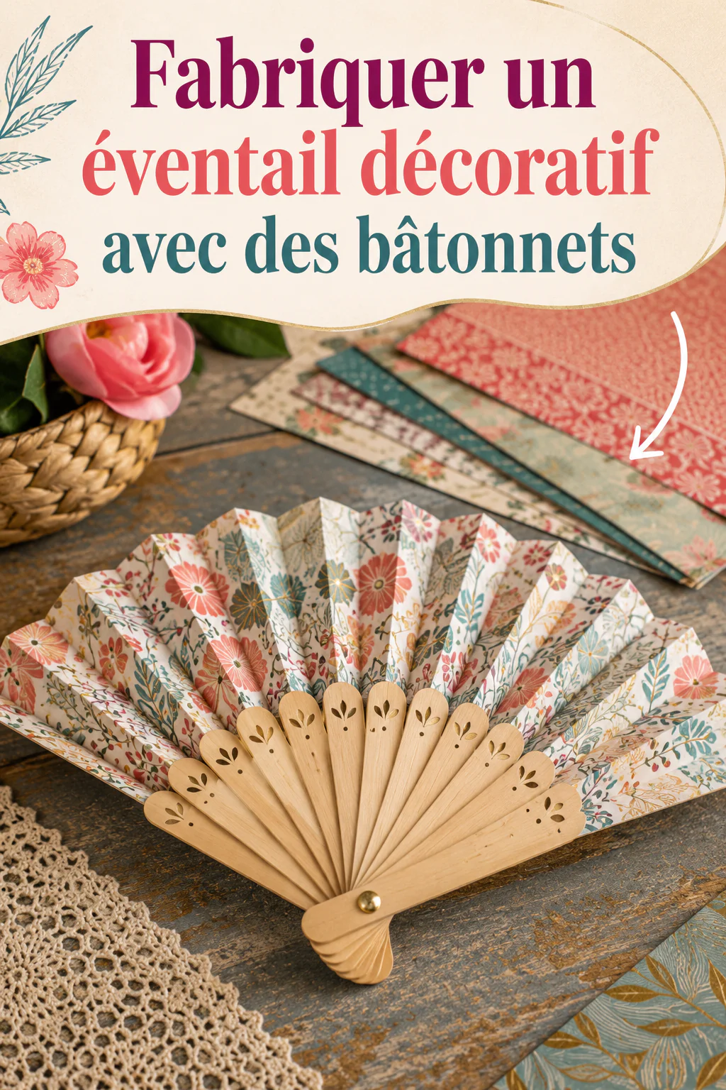 Visuel Pinterest pour fabriquer un éventail décoratif avec des bâtonnets