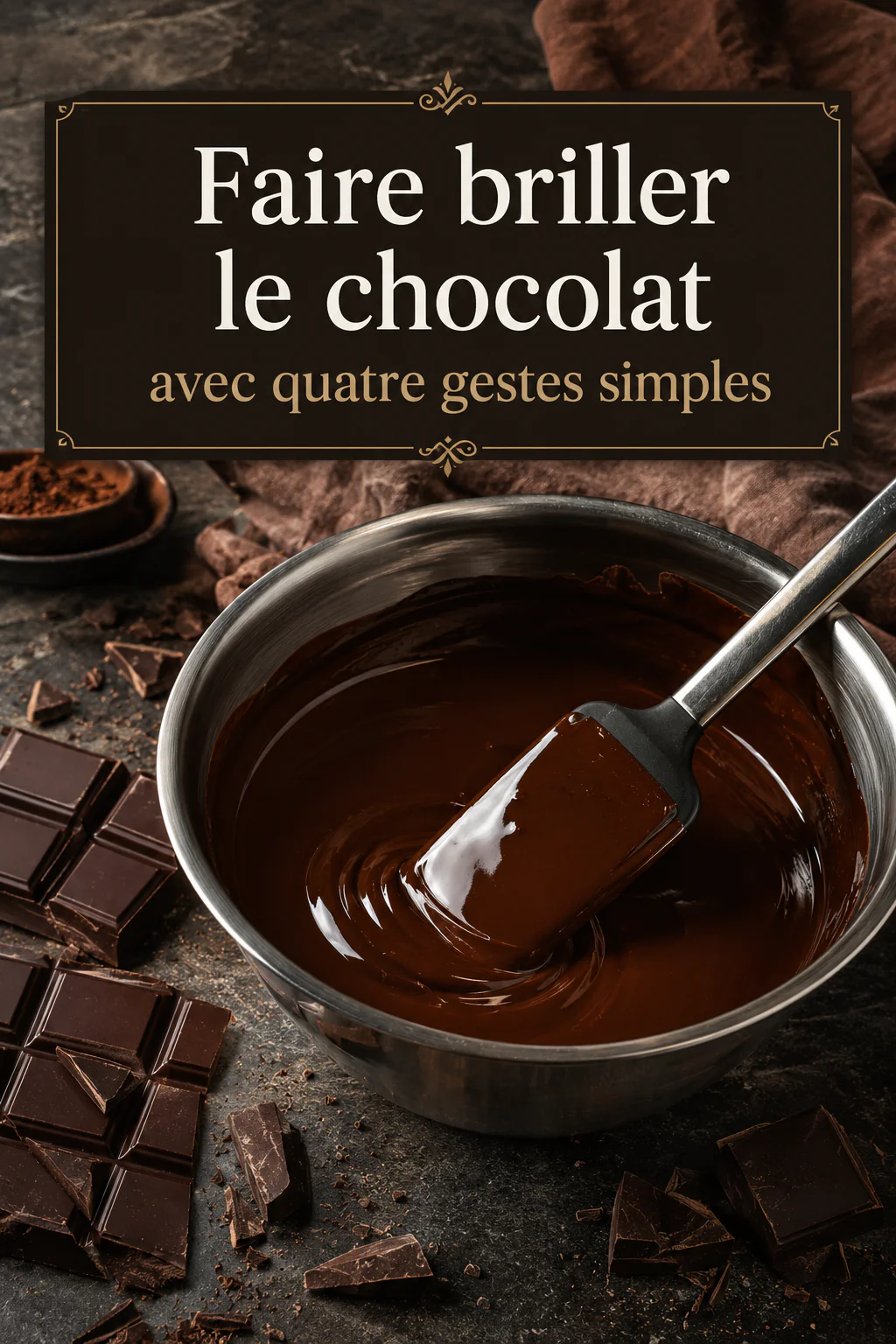 Visuel Pinterest de chocolat fondu avec le titre Faire briller le chocolat avec quatre gestes simples