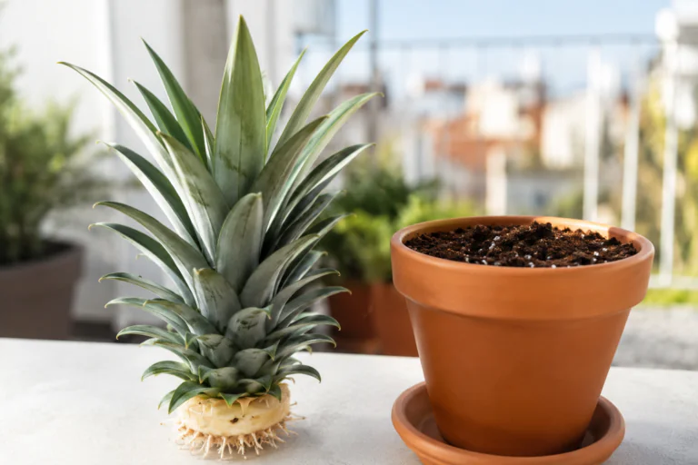 Couronne d'ananas près d'un pot en terre cuite avec terreau drainant