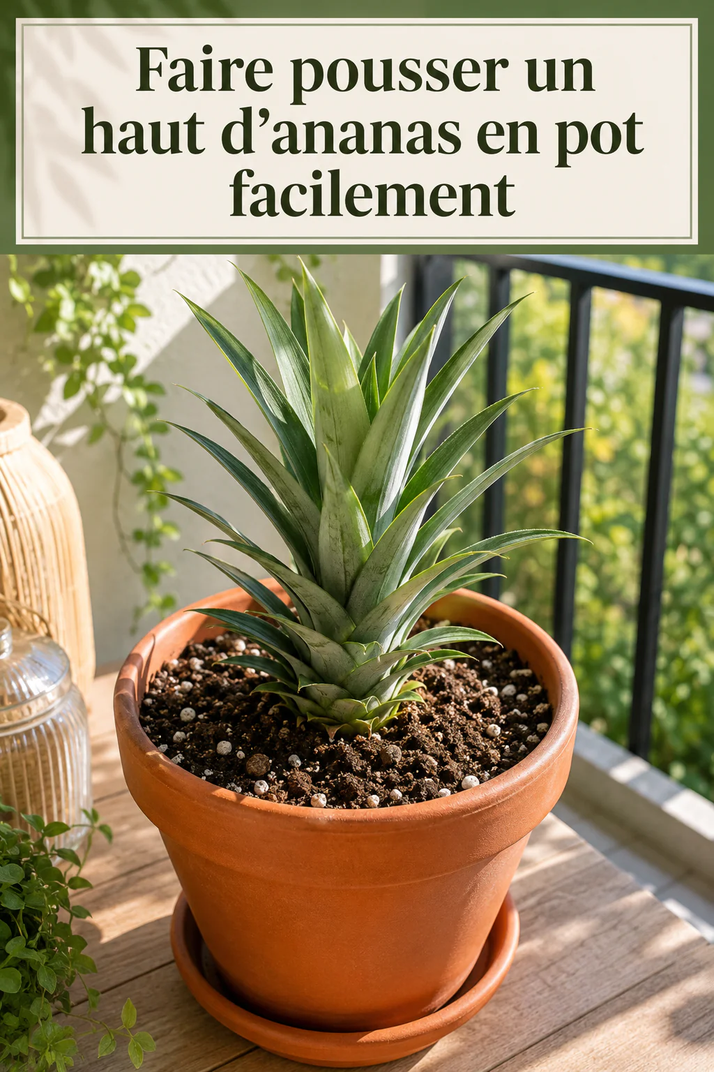 Visuel Pinterest pour faire pousser un haut d'ananas en pot facilement