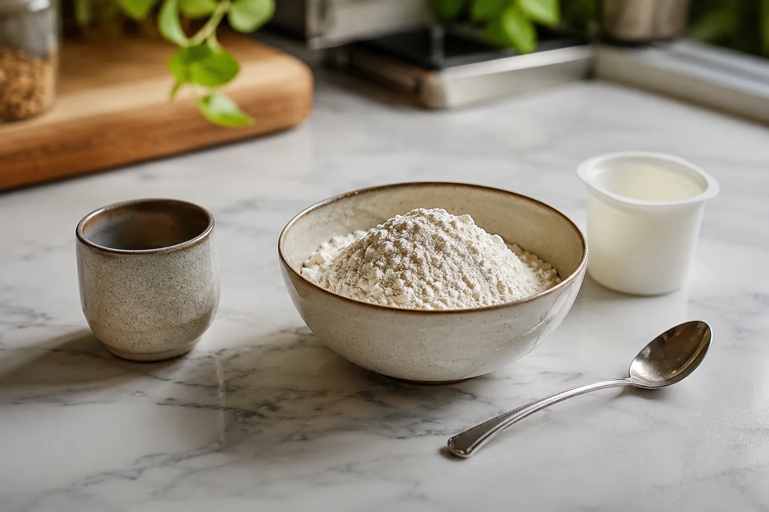Farine avec tasse et cuillère pour mesurer sans balance