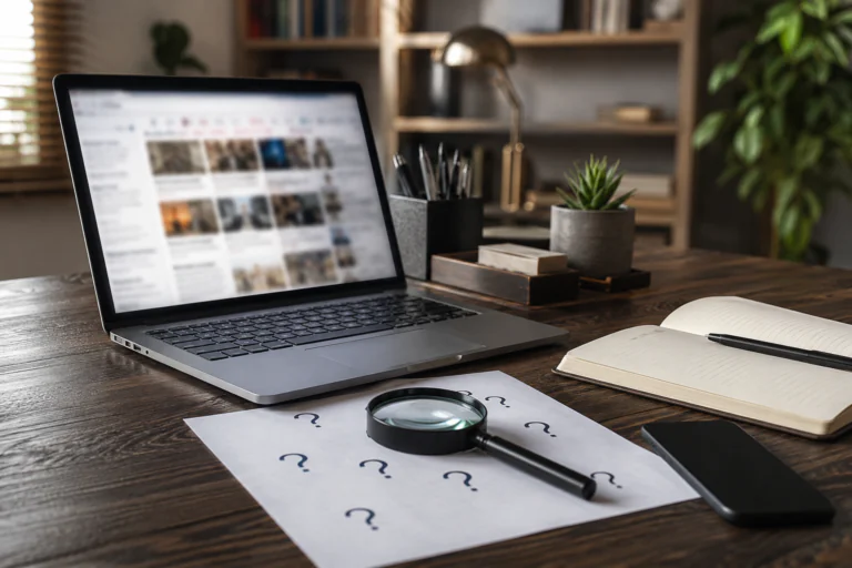 Bureau avec ordinateur flouté, carnet et loupe pour vérifier une information en ligne