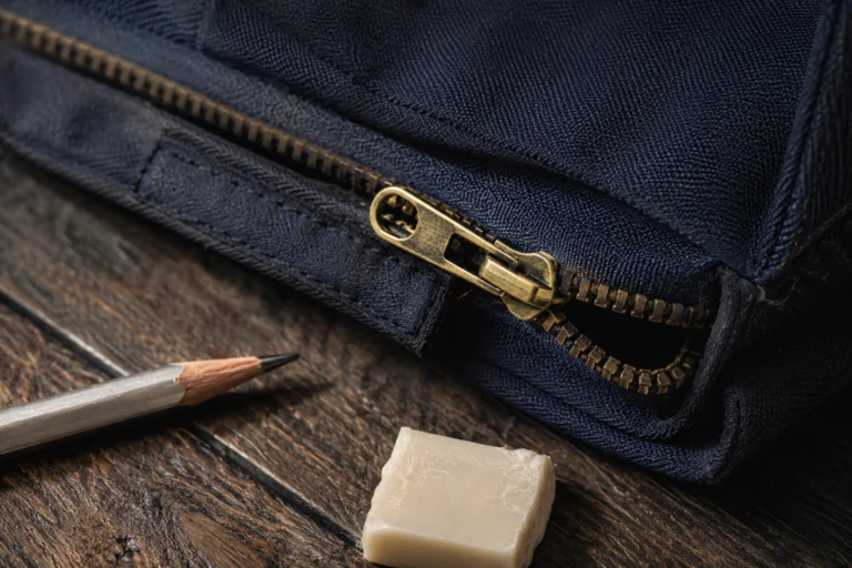 Fermeture éclair métallique bloquée sur un sac avec savon sec et crayon à côté