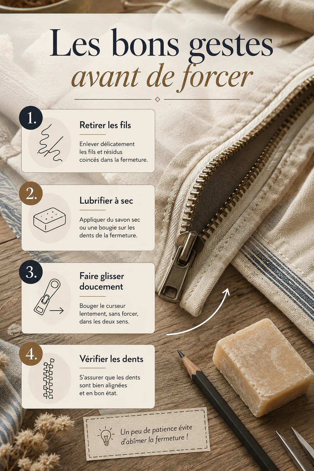 Infographie avec les étapes pour décoincer une fermeture éclair sans forcer