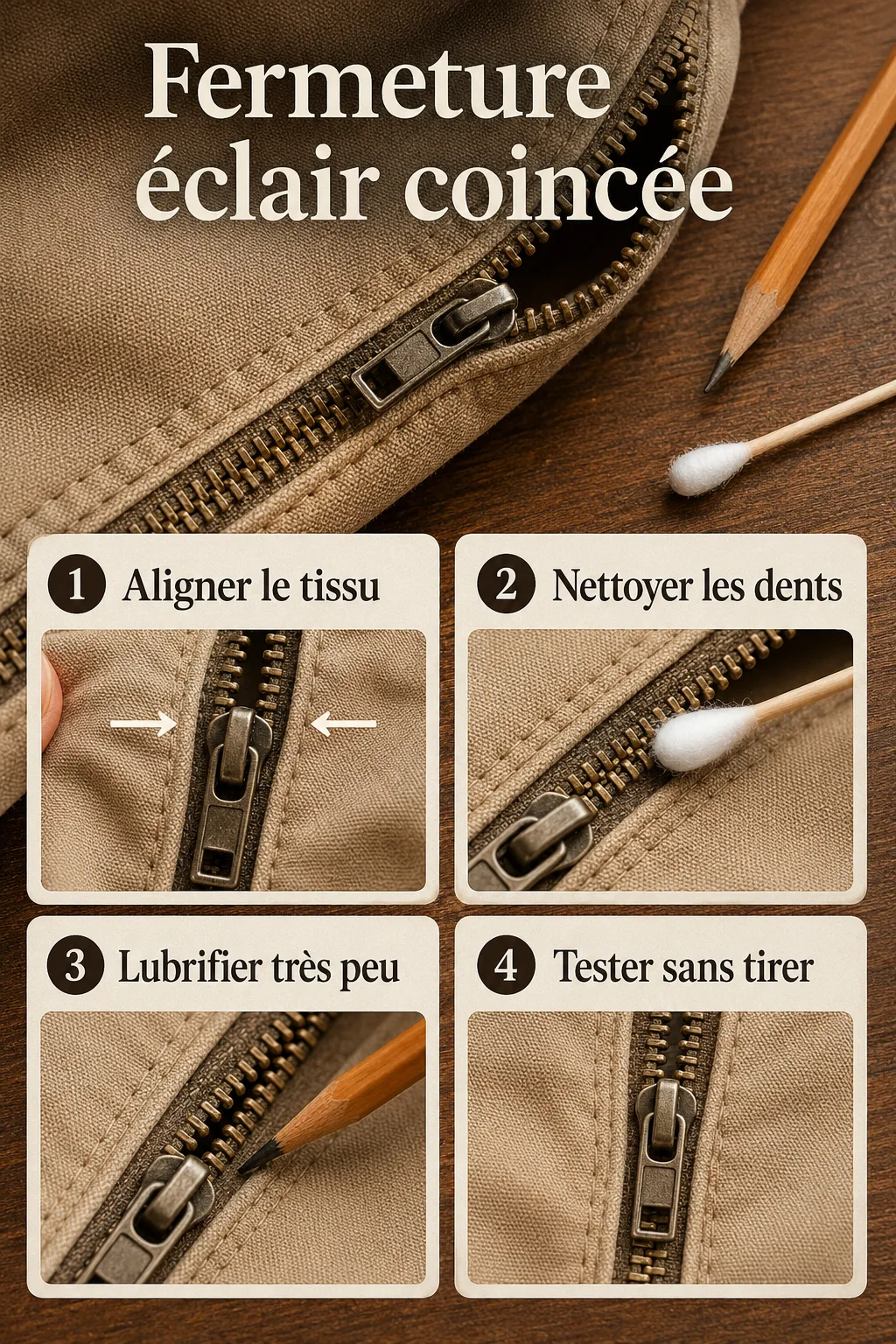Infographie montrant les étapes pour débloquer une fermeture éclair coincée
