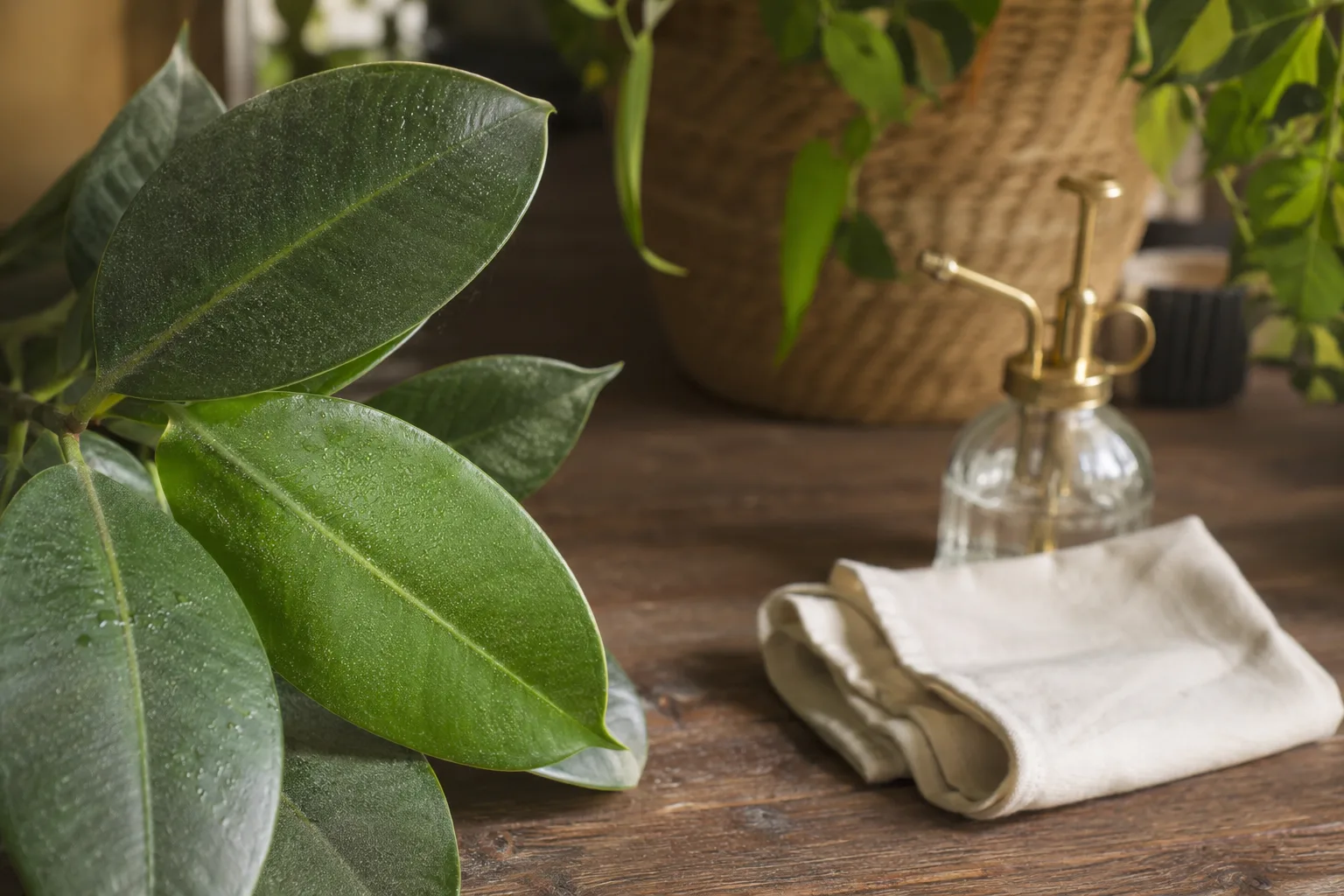 Feuilles de plantes d'intérieur avec poussière et chiffon doux