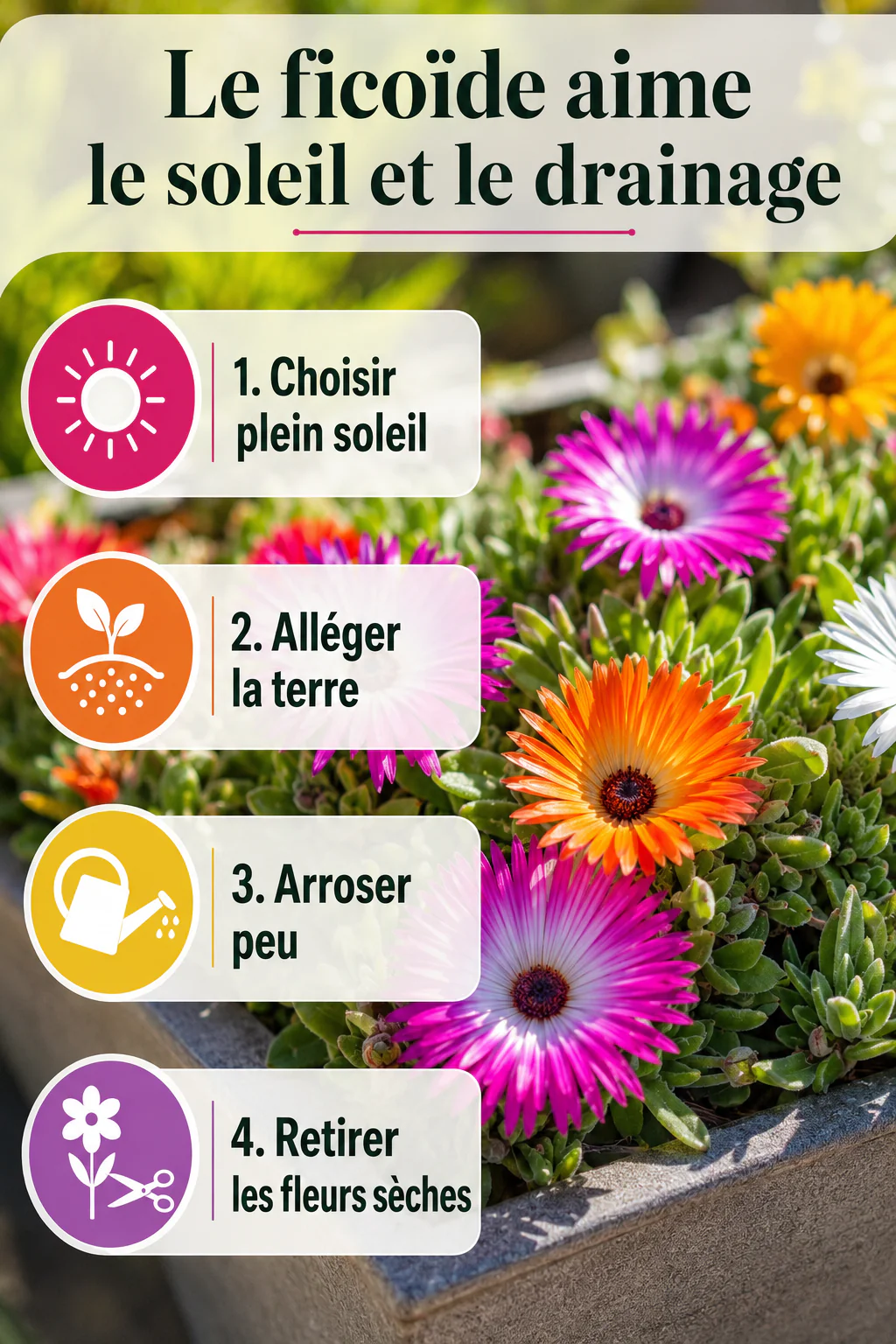 Infographie avec les étapes pour réussir le ficoïde au soleil