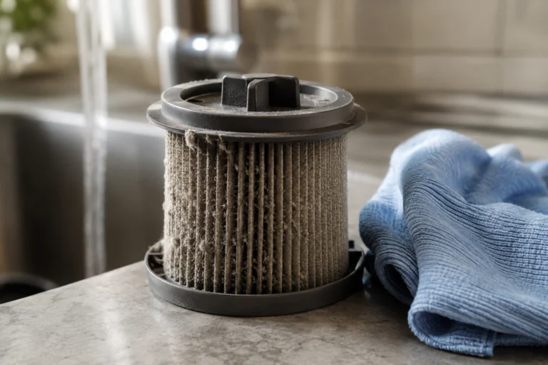 Filtre d’aspirateur lavable encrassé avant nettoyage doux