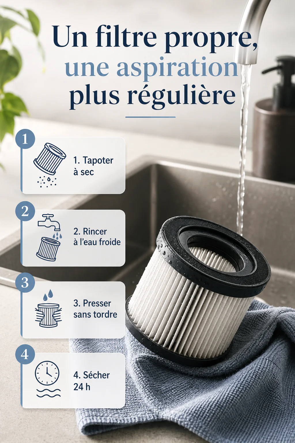Infographie des étapes pour nettoyer un filtre d’aspirateur lavable