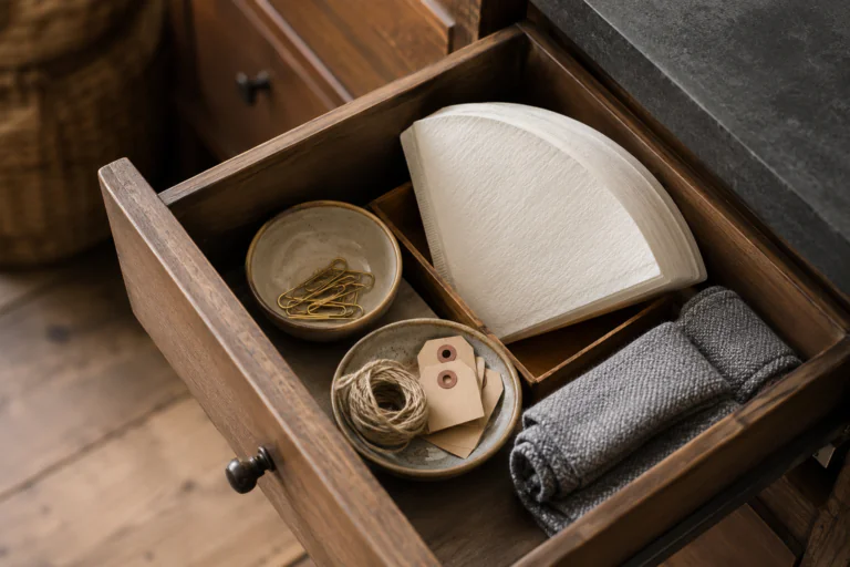 Filtres à café propres utilisés pour organiser de petits objets dans un tiroir