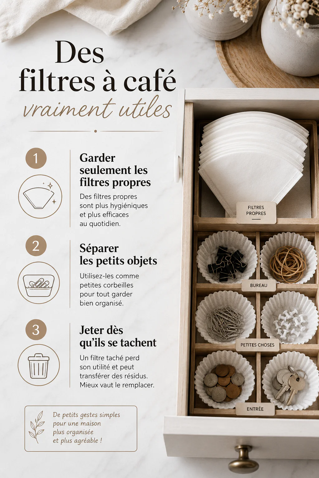 Infographie avec étapes pour utiliser des filtres à café propres comme petits rangements