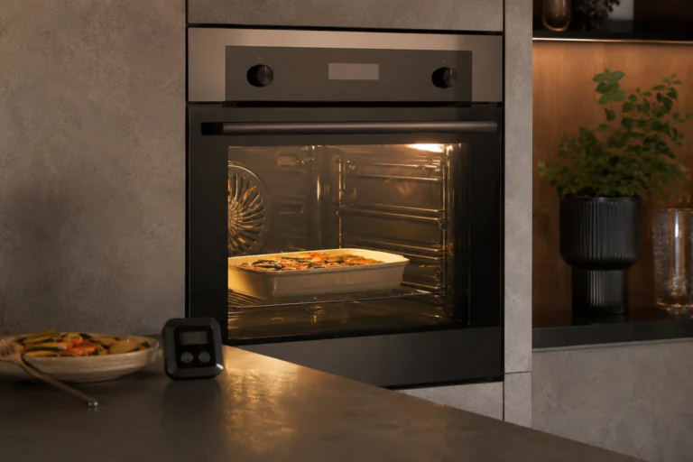 Four électrique moderne utilisé avec un minuteur dans une cuisine sobre