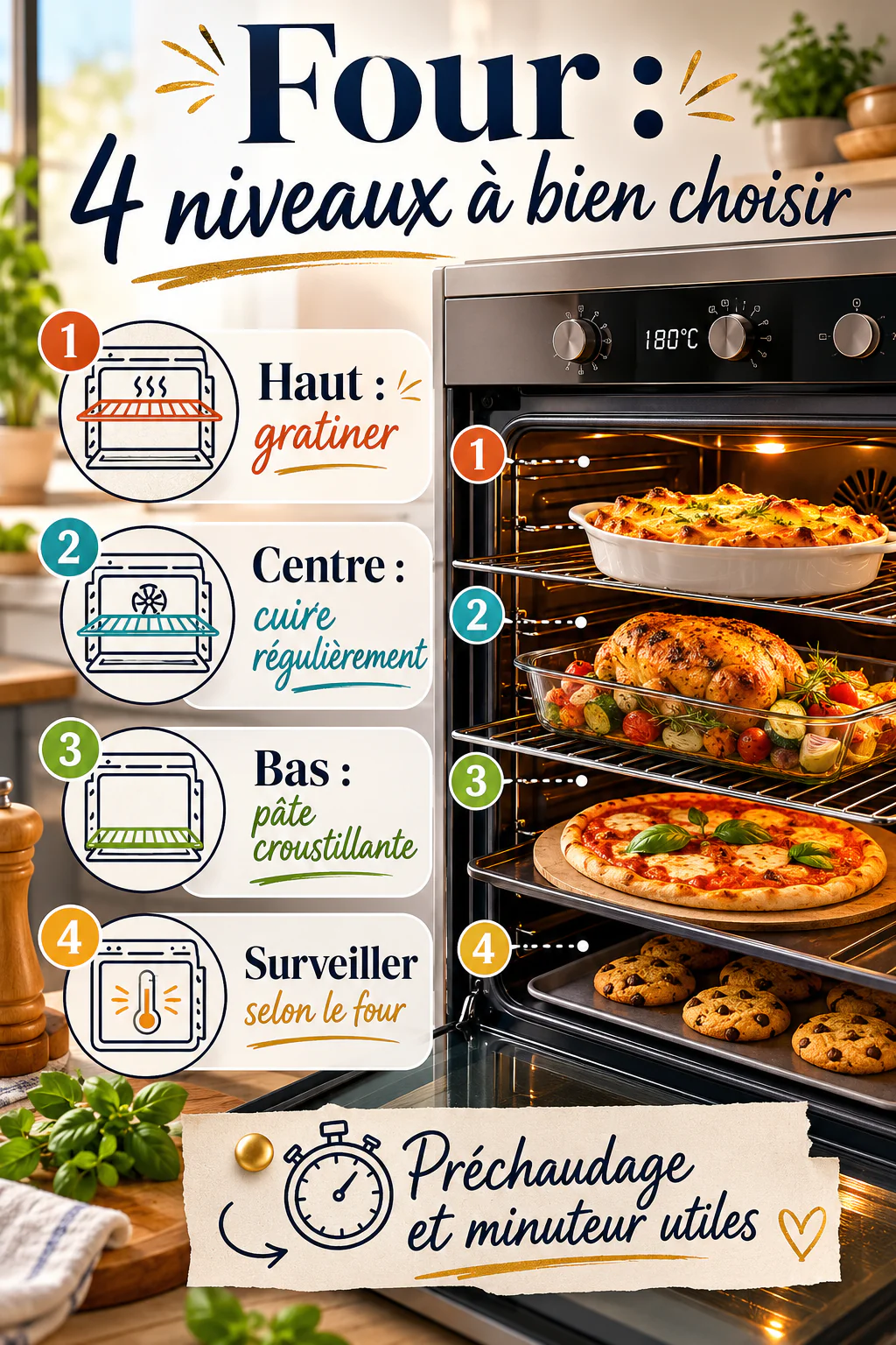 Infographie Pinterest avec quatre repères pour choisir les niveaux du four