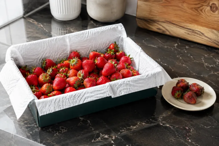 Fraises triées dans une boîte avec papier absorbant