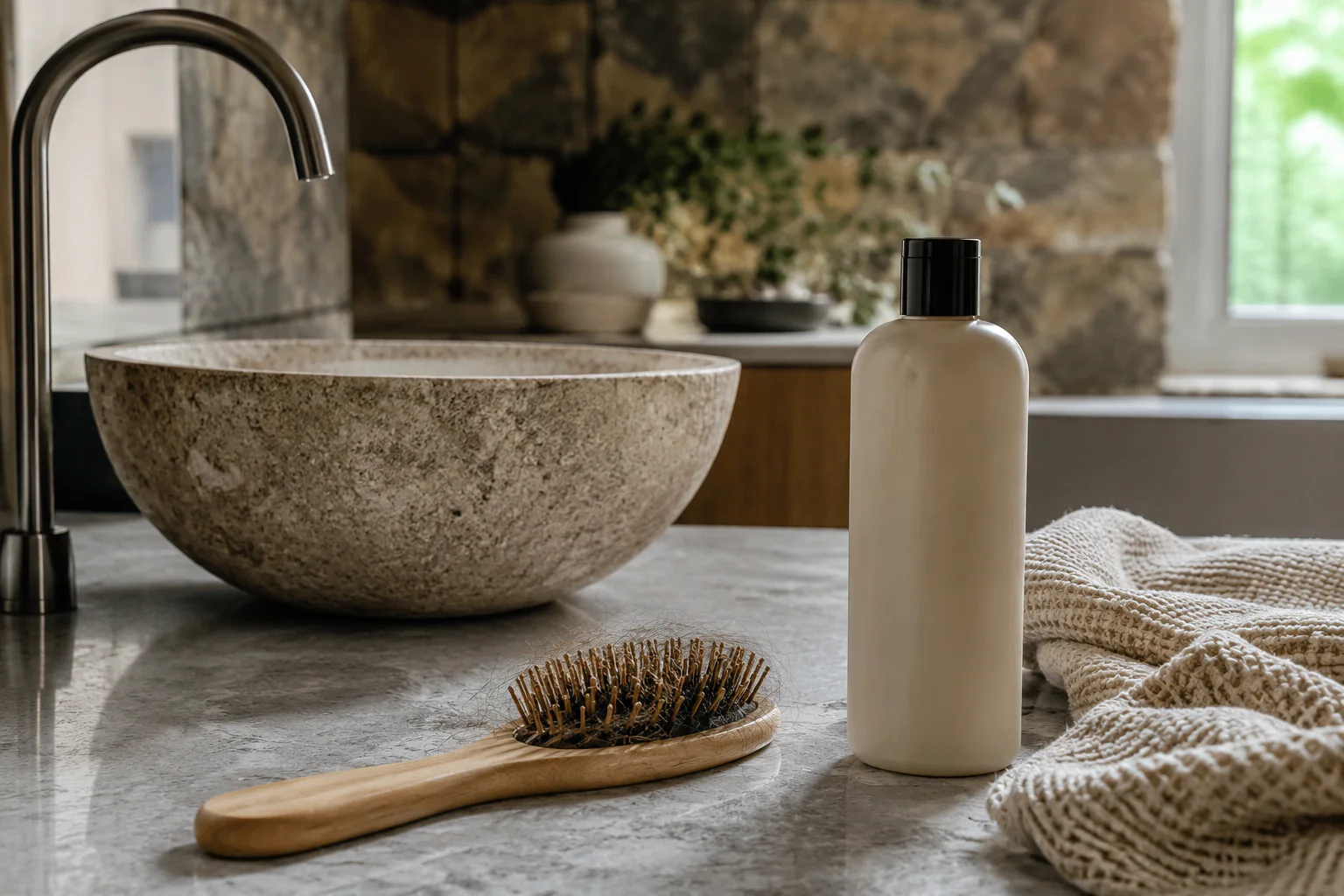 Salle de bain avec brosse et shampoing neutre pour choisir la bonne fréquence de lavage des cheveux