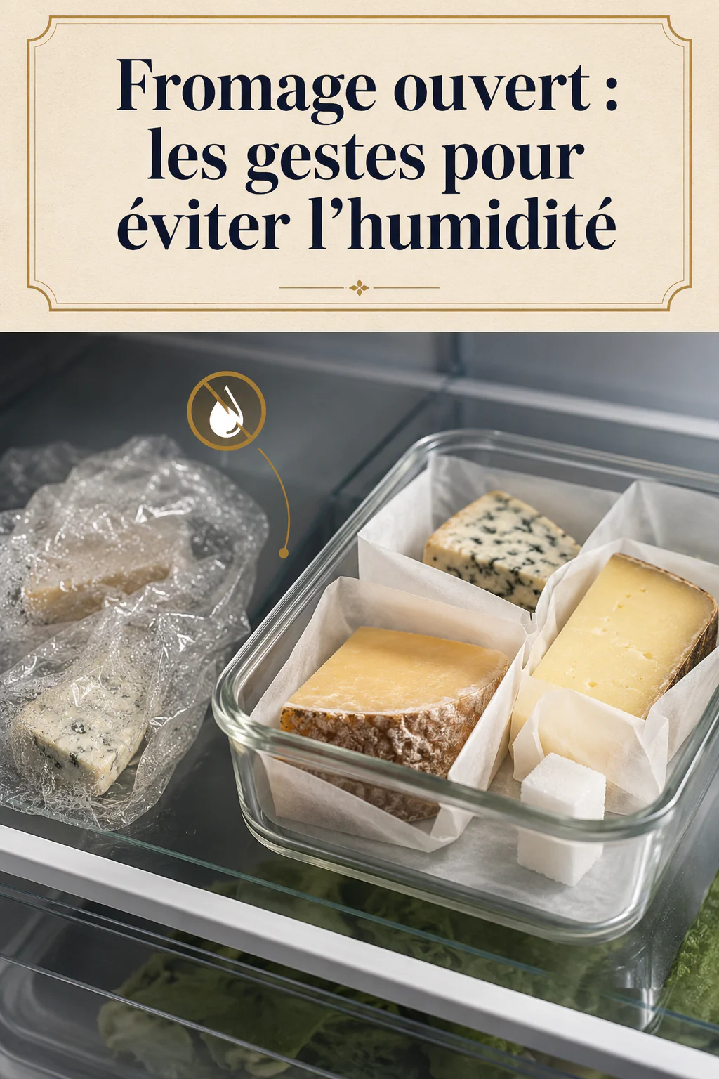 Visuel Pinterest sur les gestes pour éviter l'humidité autour du fromage ouvert