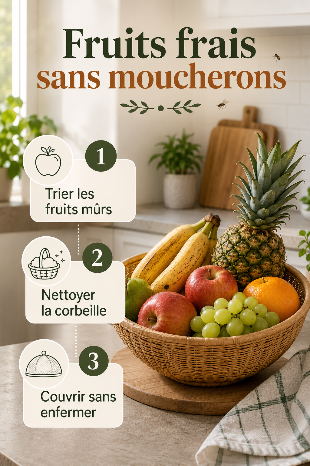 Infographie avec trois gestes simples pour garder des fruits frais sans moucherons