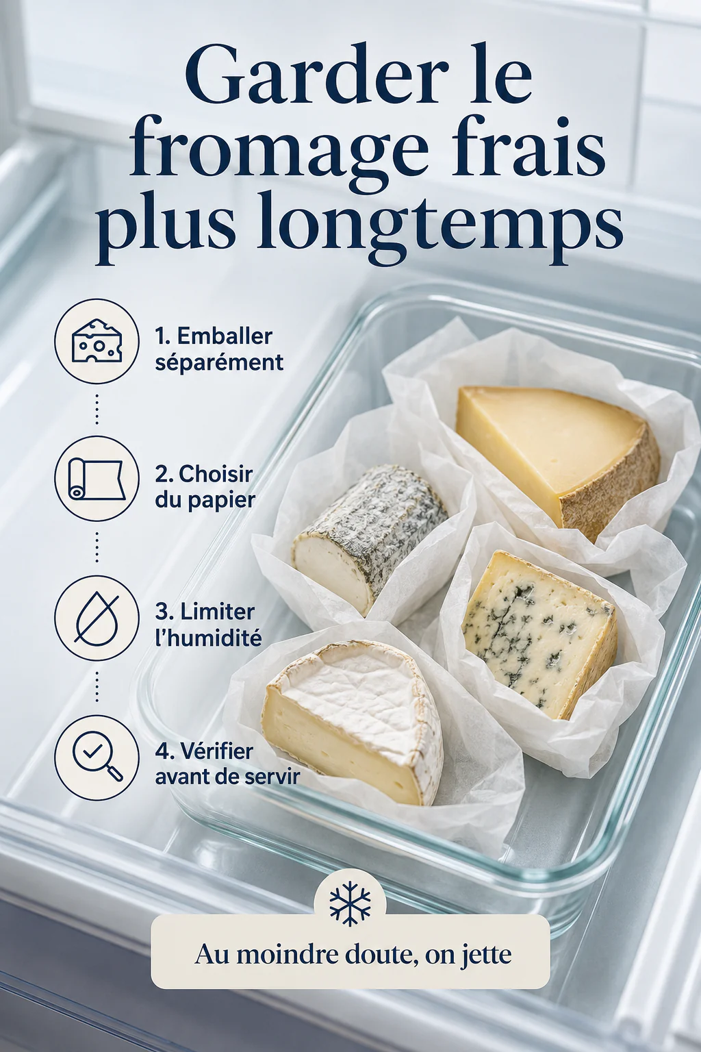 Infographie avec quatre gestes pour garder le fromage frais plus longtemps