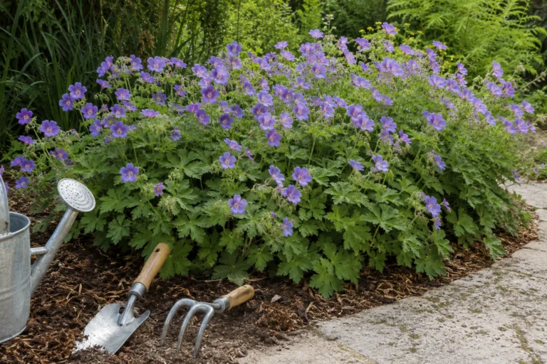 Géranium vivace en fleurs dans un massif de jardin