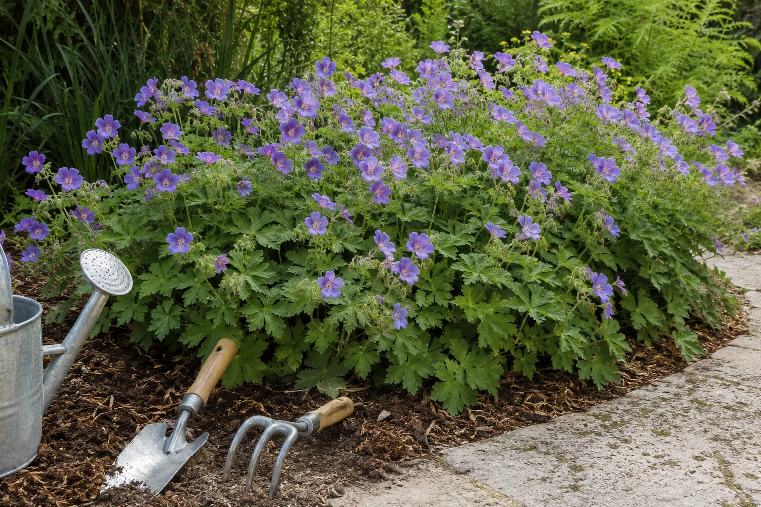 Géranium vivace en fleurs dans un massif de jardin