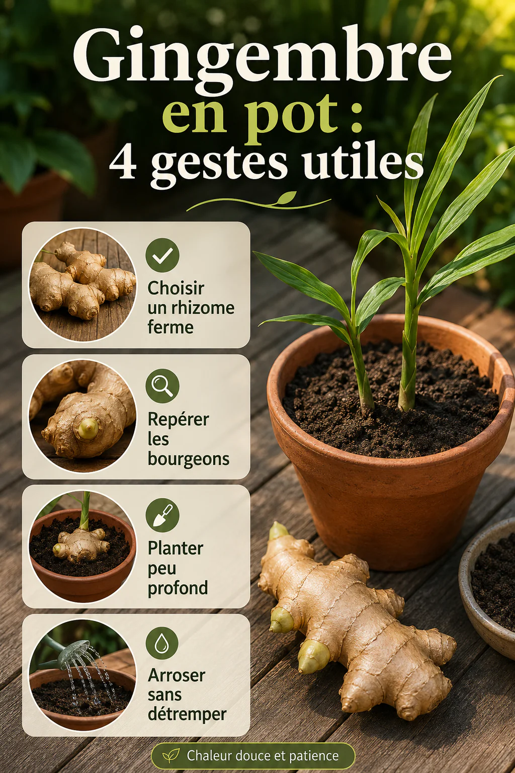 Infographie Gingembre en pot avec quatre gestes utiles pour réussir la plantation
