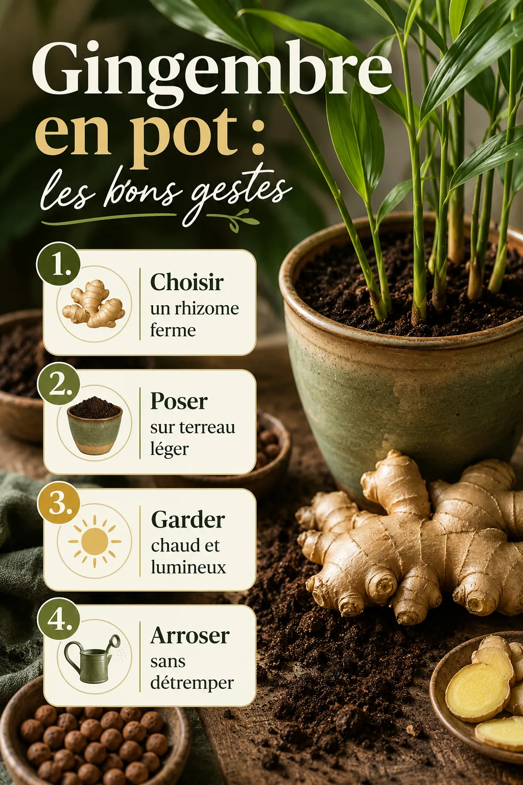 Infographie des bons gestes pour cultiver du gingembre en pot