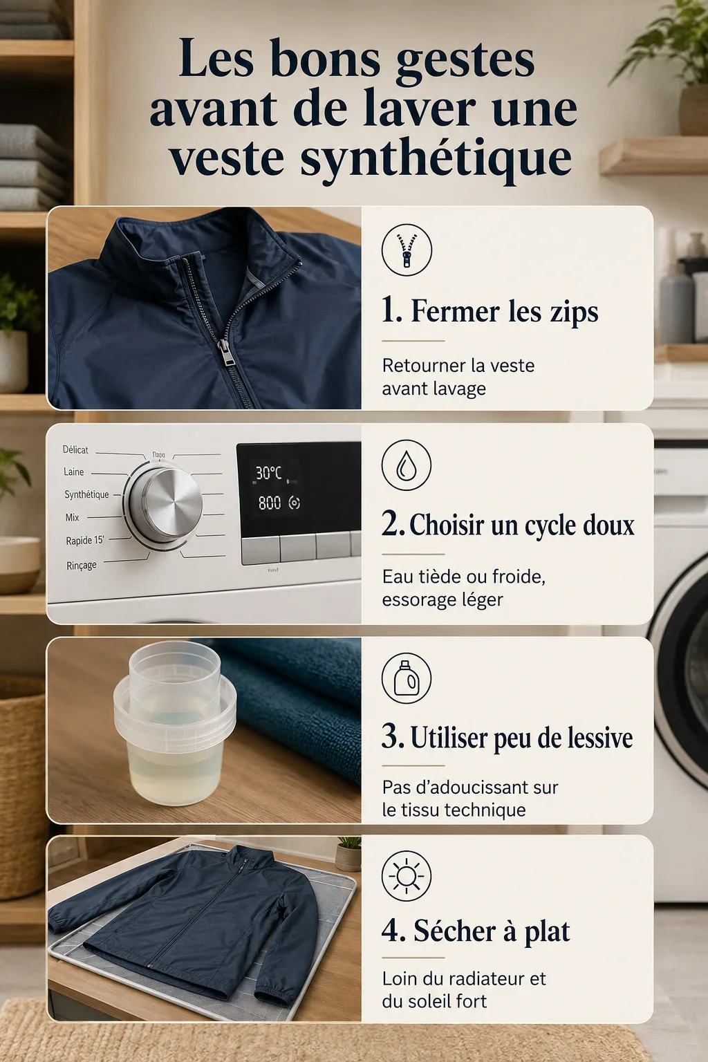 Infographie des étapes pour laver une veste synthétique sans l'abîmer