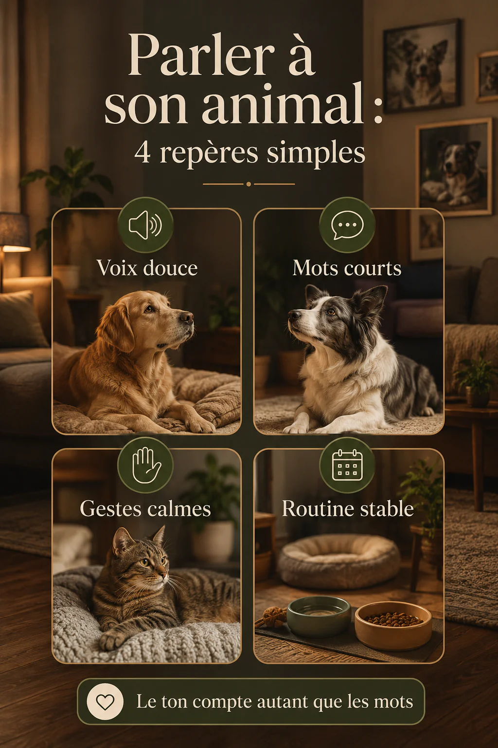 Infographie avec quatre repères pour parler à son animal avec une voix douce et des gestes calmes