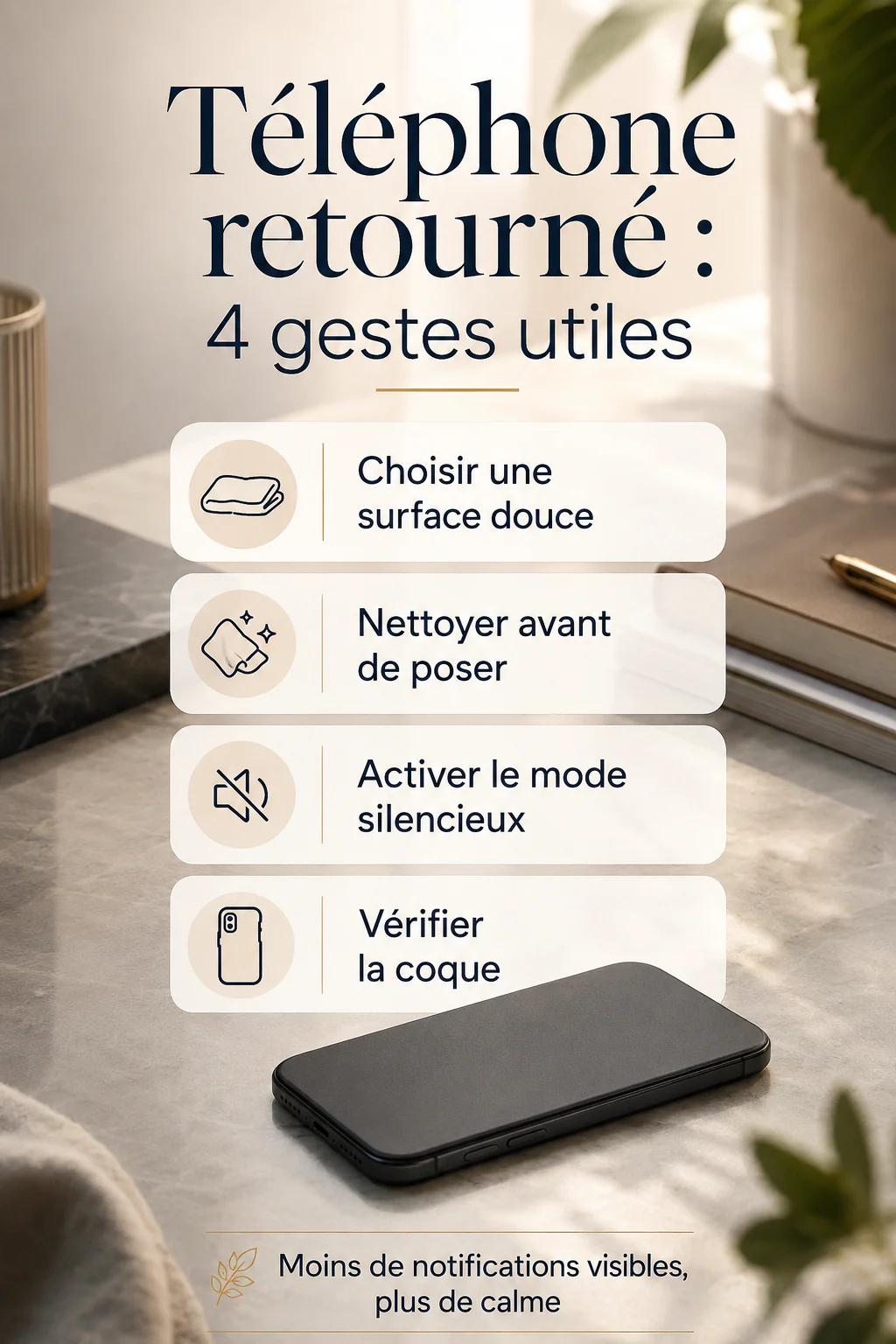 Infographie avec quatre gestes utiles pour poser un téléphone face contre la table