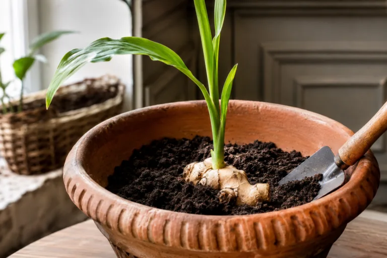 Pot de gingembre en culture avec jeune pousse et rhizome
