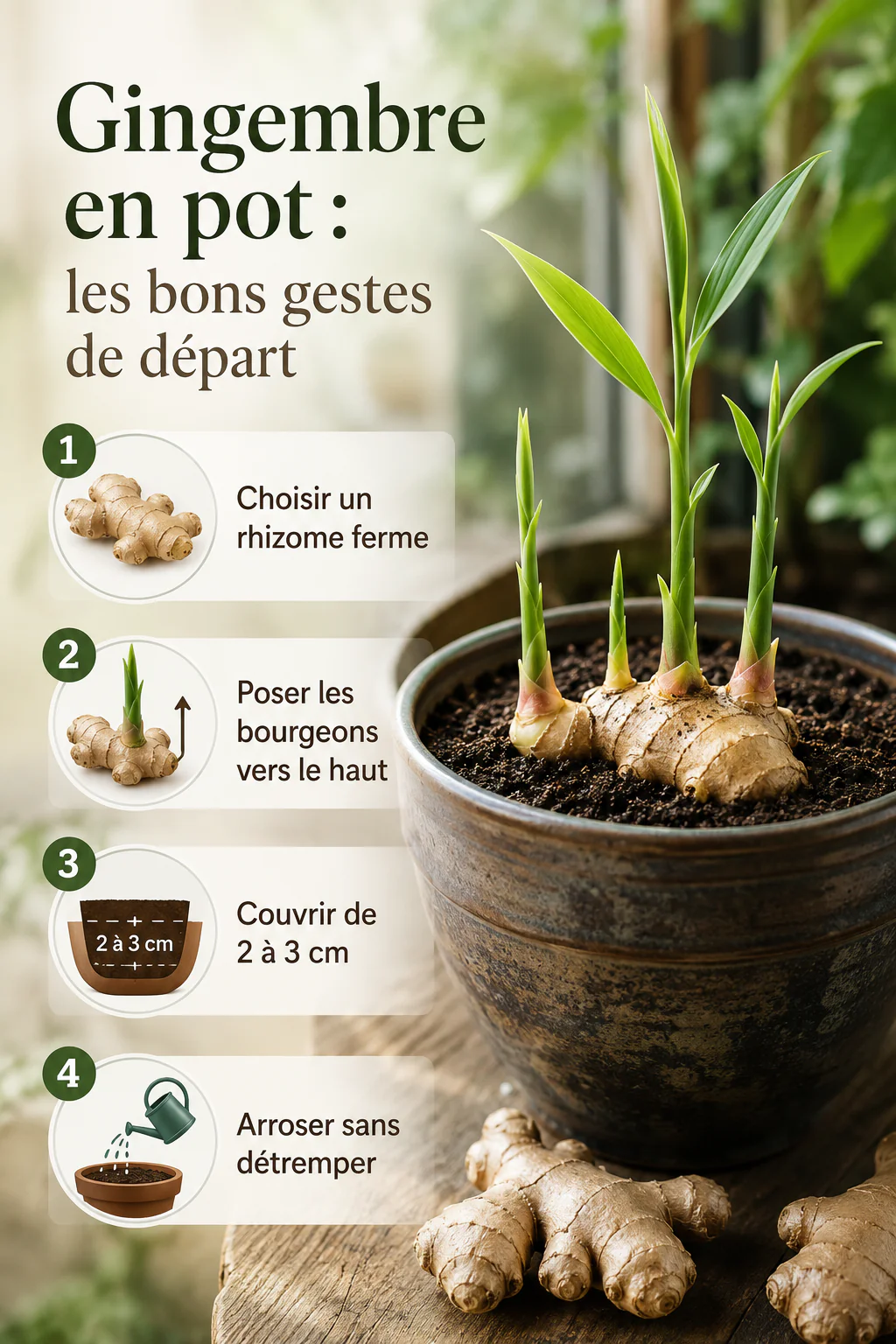Infographie des étapes pour planter du gingembre en pot