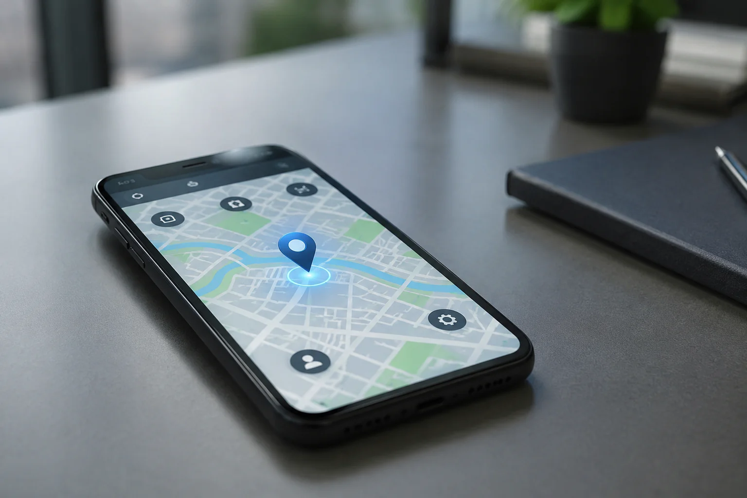 Smartphone avec localisation GPS active sur une carte