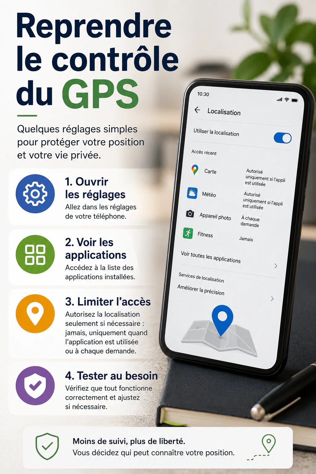 Infographie des réglages pour reprendre le contrôle du GPS du téléphone