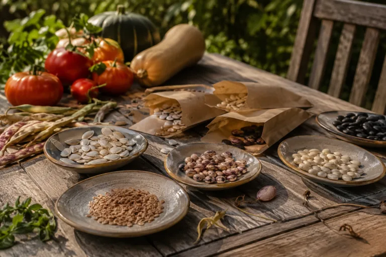 Graines de légumes du potager en séchage sur une table