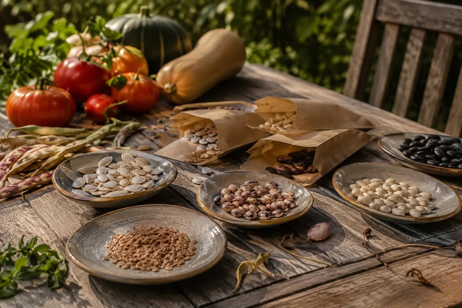 Graines de légumes du potager en séchage sur une table