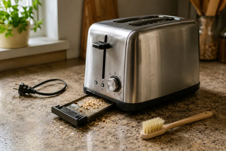 Grille-pain débranché avec tiroir à miettes visible