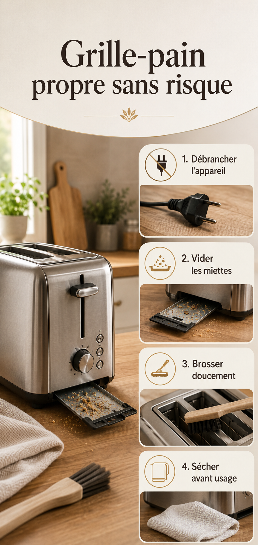 Infographie des étapes pour nettoyer un grille-pain sans risque