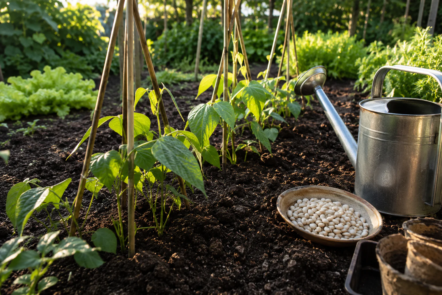 Jeunes plants et semis de haricots verts au potager