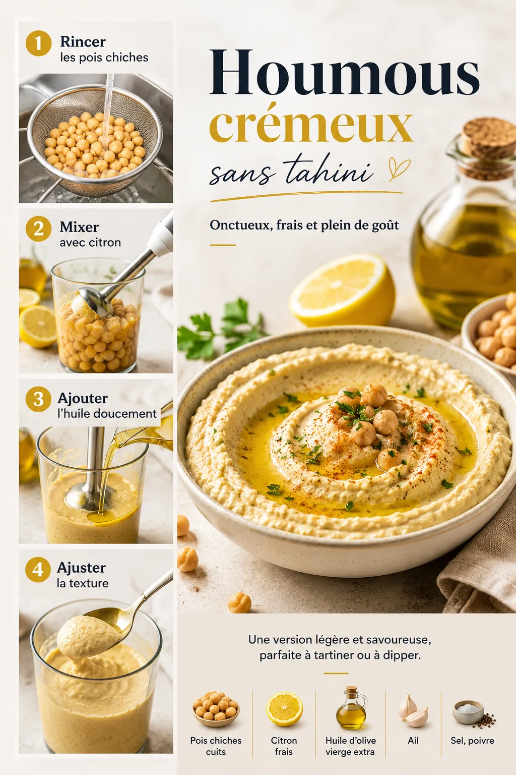 Infographie recette montrant les étapes principales pour préparer un houmous crémeux sans tahini