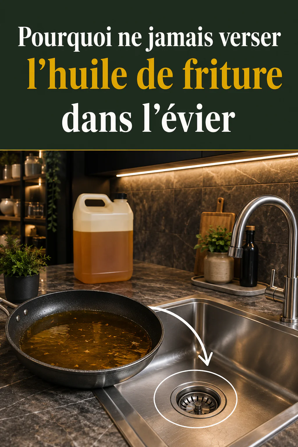 Image Pinterest expliquant pourquoi ne jamais verser l'huile de friture dans l'evier