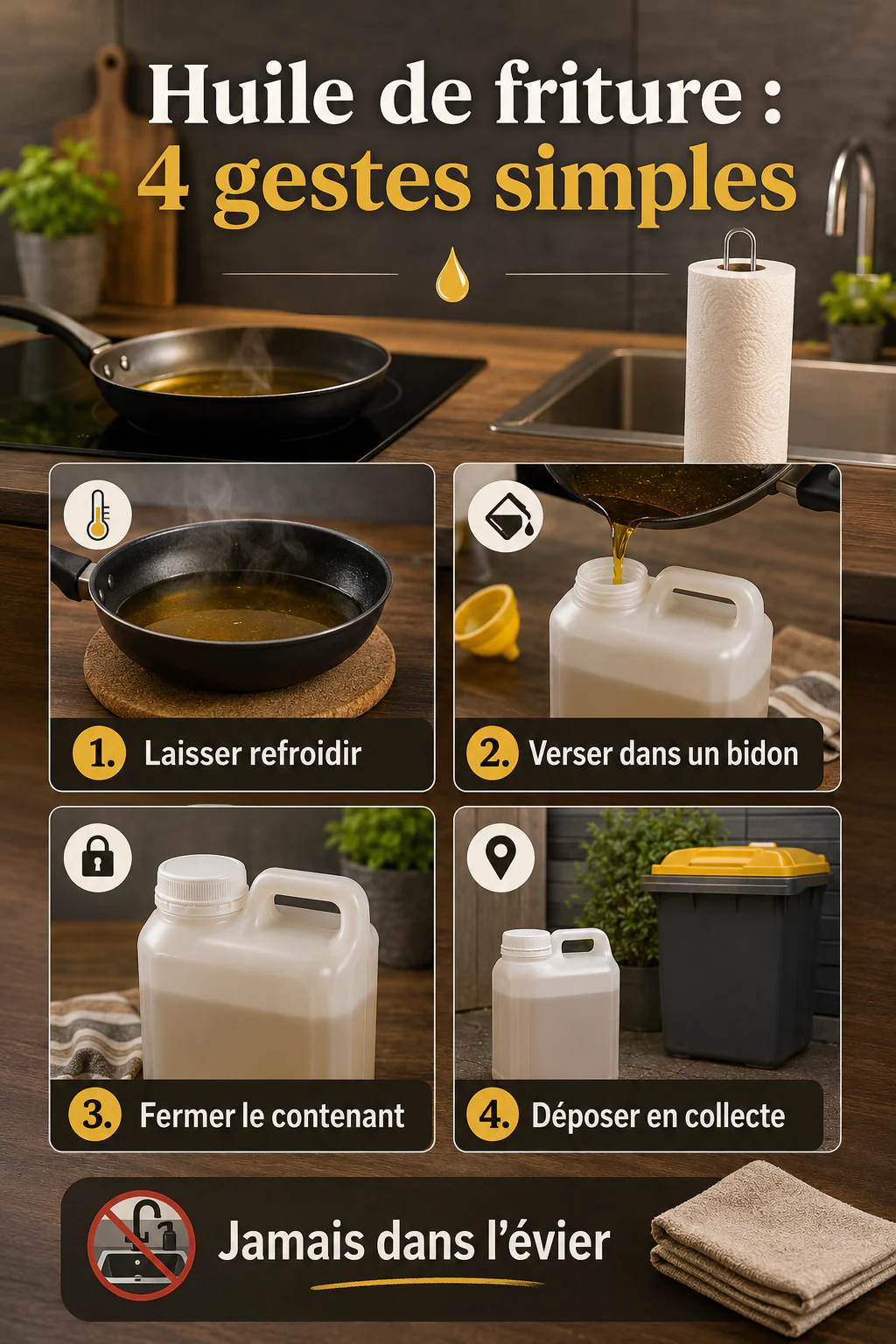 Infographie montrant quatre gestes simples pour jeter l'huile de friture sans la verser dans l'evier