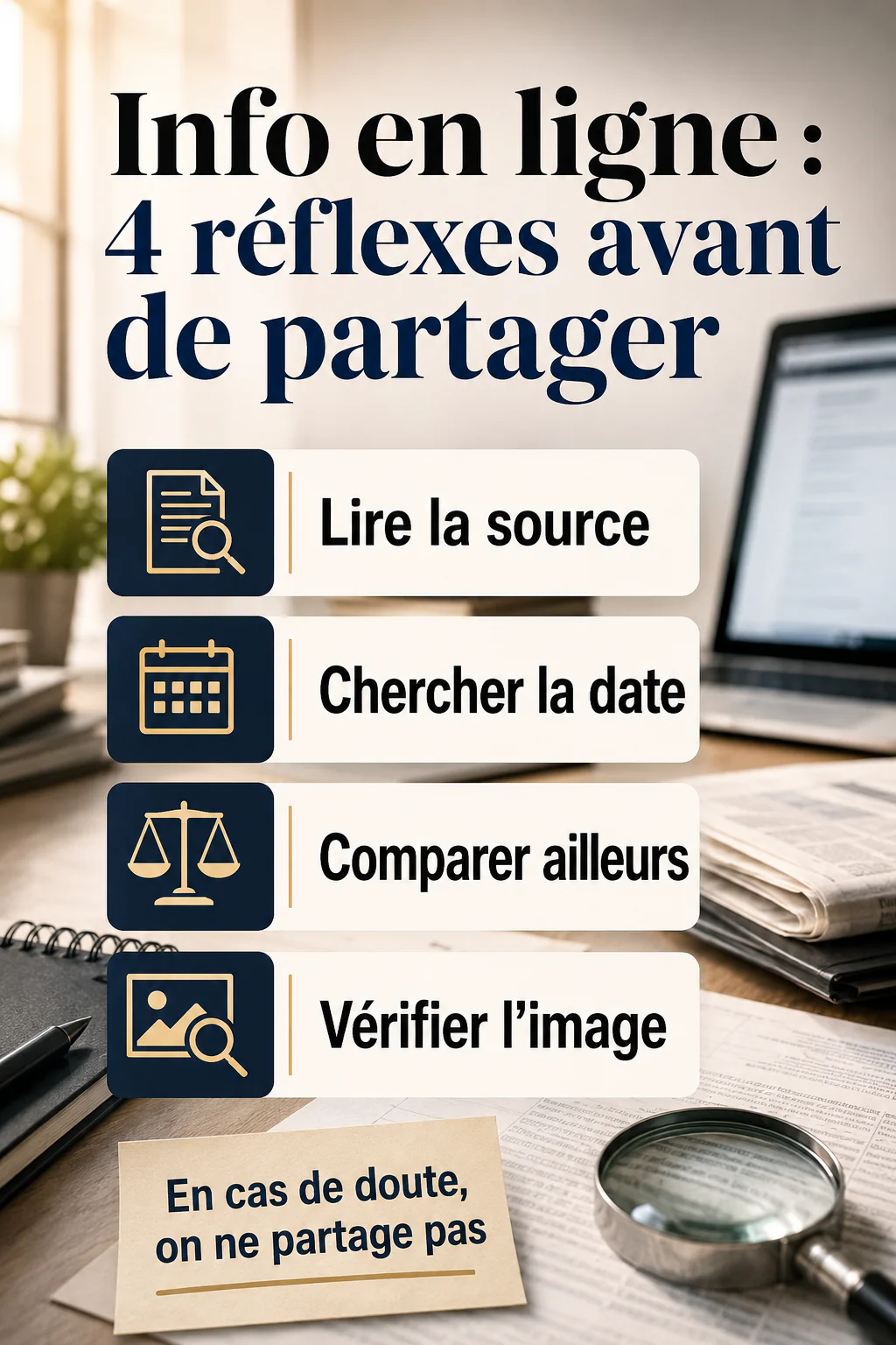 Infographie listant quatre réflexes pour vérifier une information avant de la partager