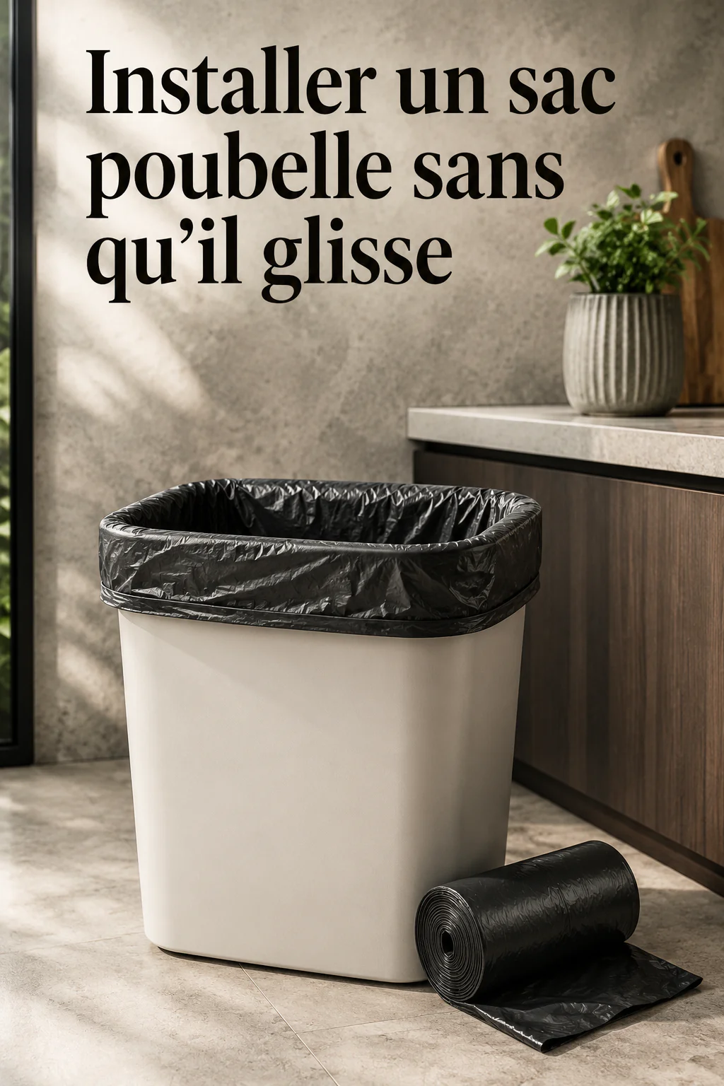Visuel Pinterest expliquant comment installer un sac poubelle sans qu'il glisse