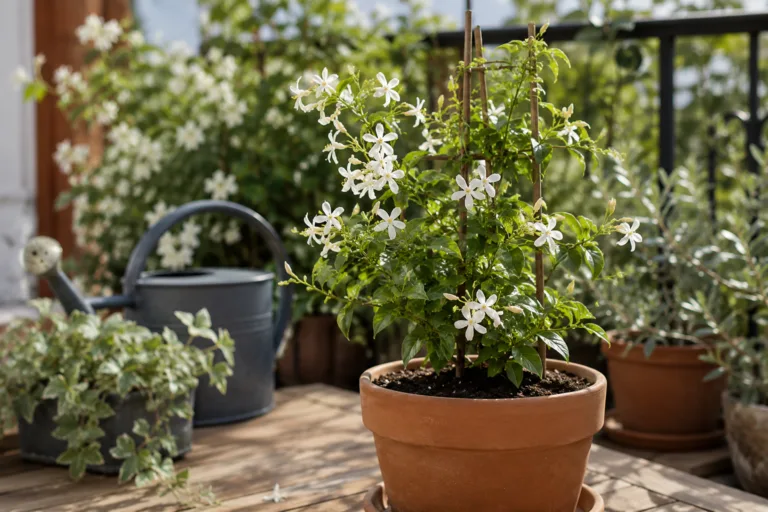 Jasmin fleuri en pot de terre cuite sur un balcon lumineux