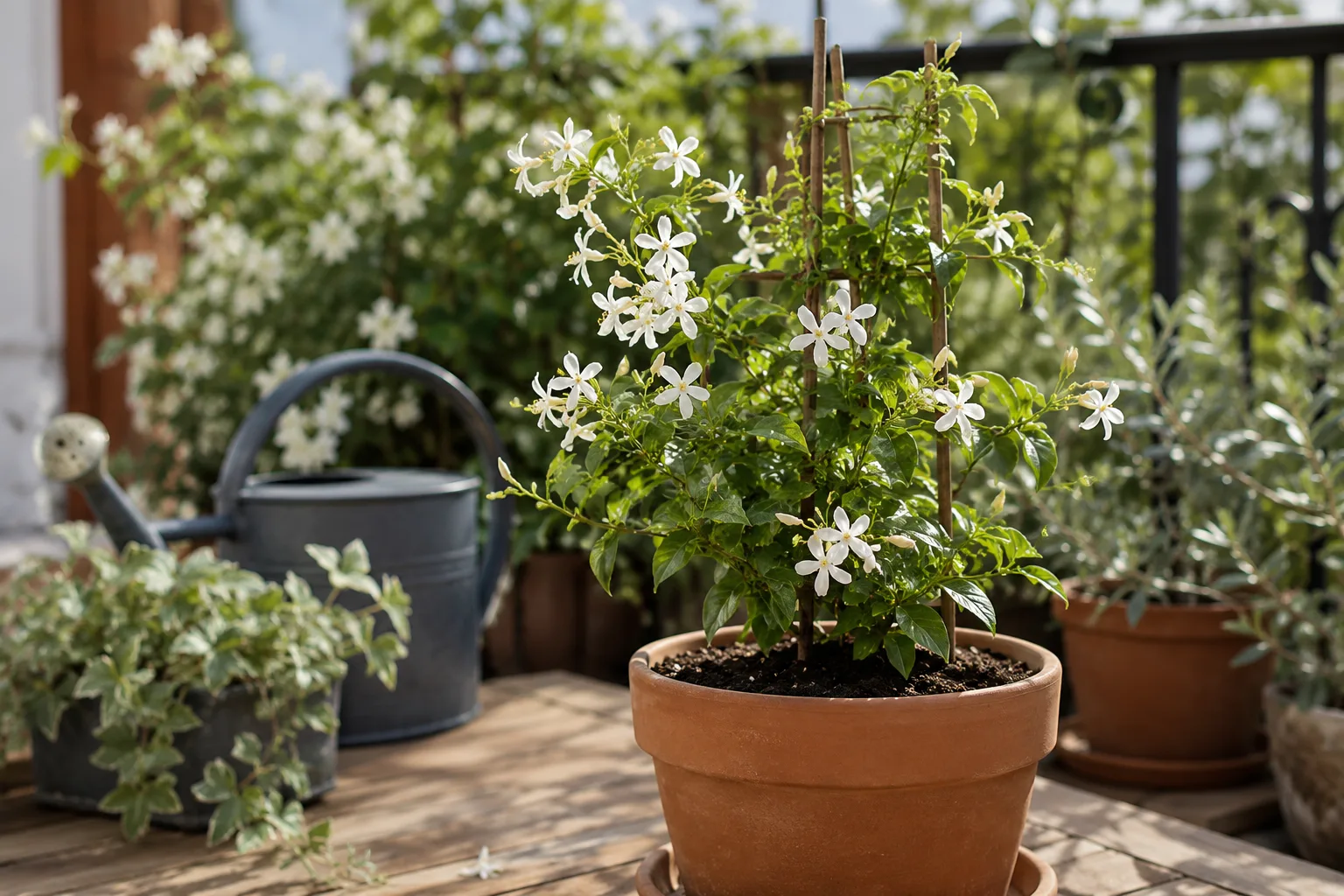 Jasmin fleuri en pot de terre cuite sur un balcon lumineux