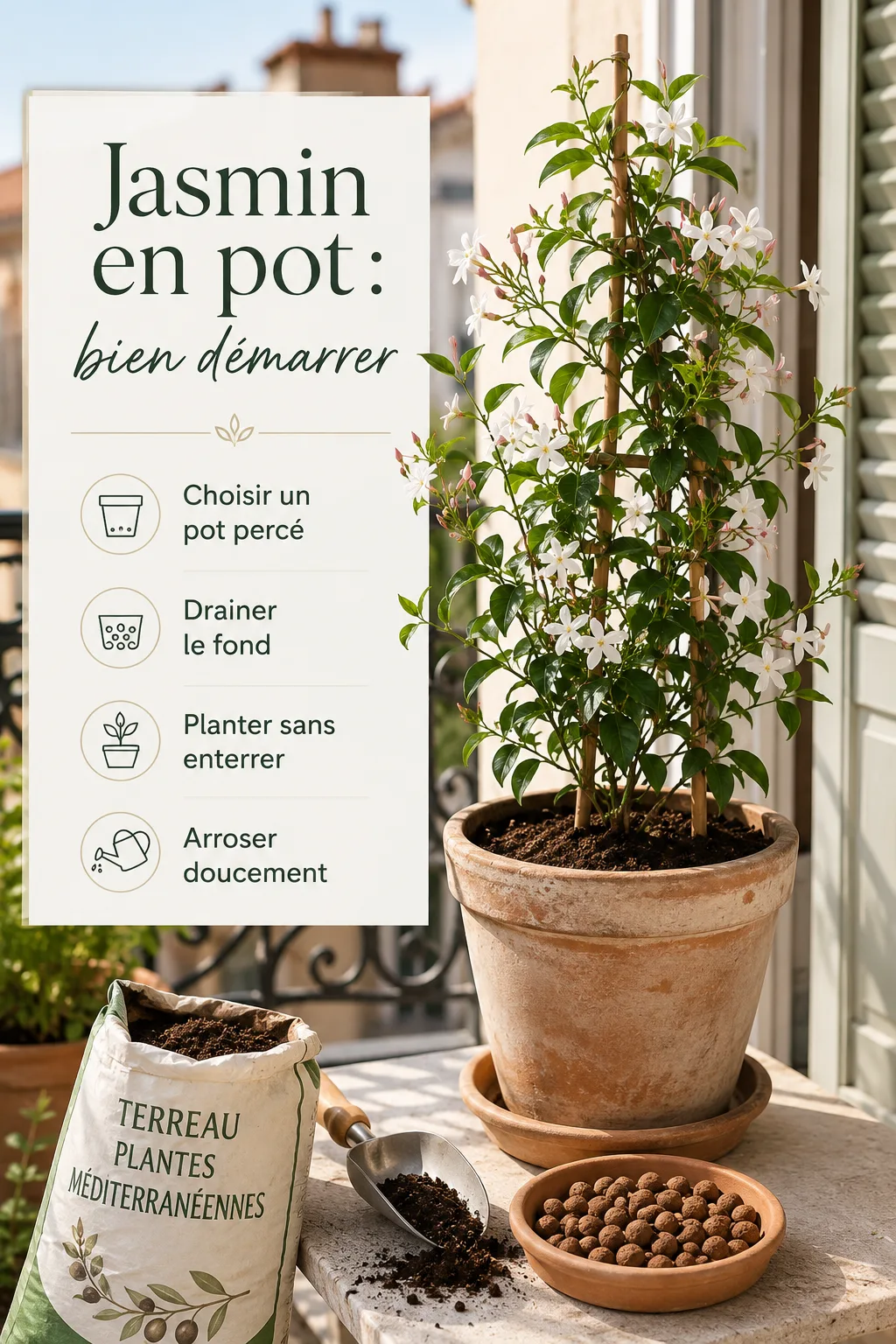 Infographie avec étapes pour bien démarrer un jasmin en pot