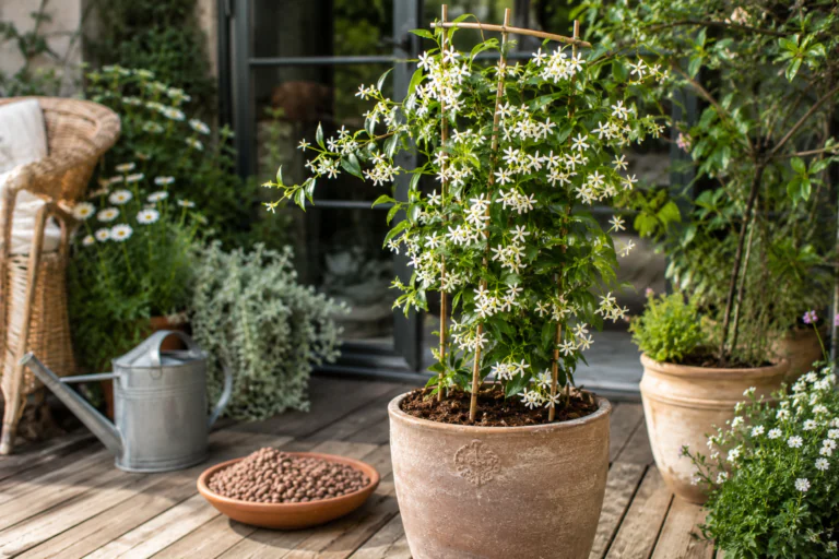 Jasmin en pot avec treillage et drainage sur une terrasse lumineuse